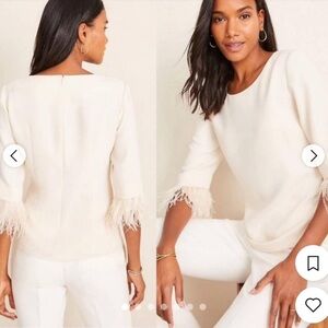 Ann Taylor Cream Top & Skirt with Feather Trim